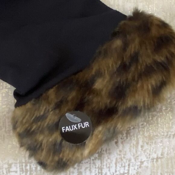 BLACK ANKLE TIGHTS w/leopard faux fur ankles. Halloween or winter wear. NWT - Picture 4 of 9